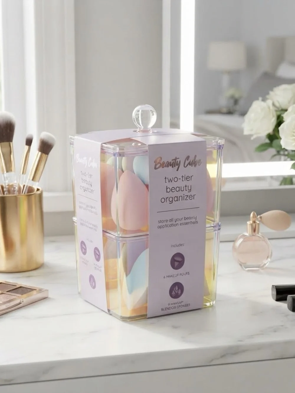 Two-Tier Beauty Organizer with Makeup Sponges
